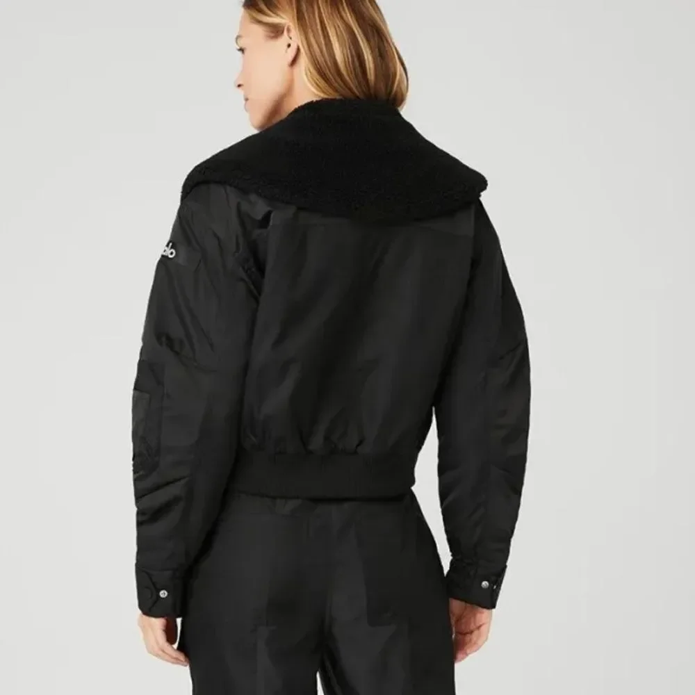 Alo Blaze Bomber Jacket Black Large Ripstop Sherpa Collar
